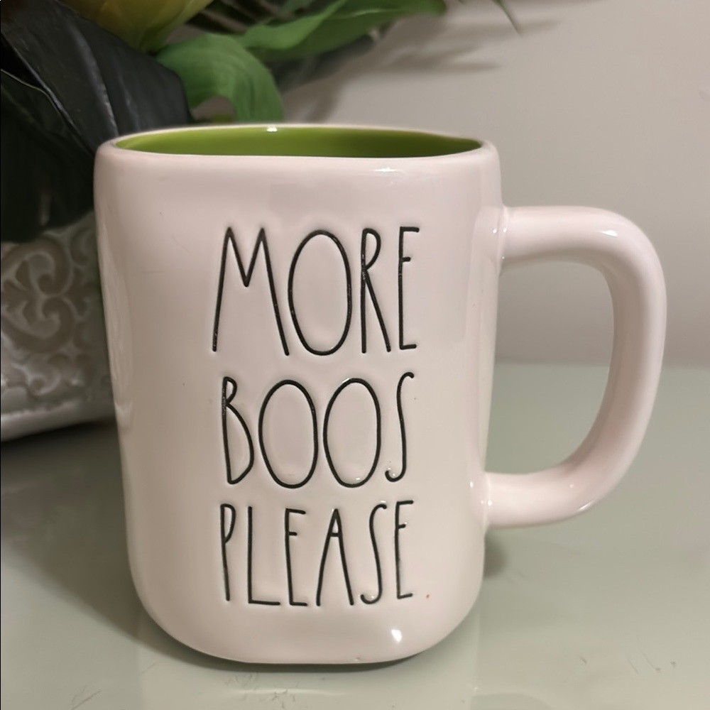 White and Green More Boos Please mug